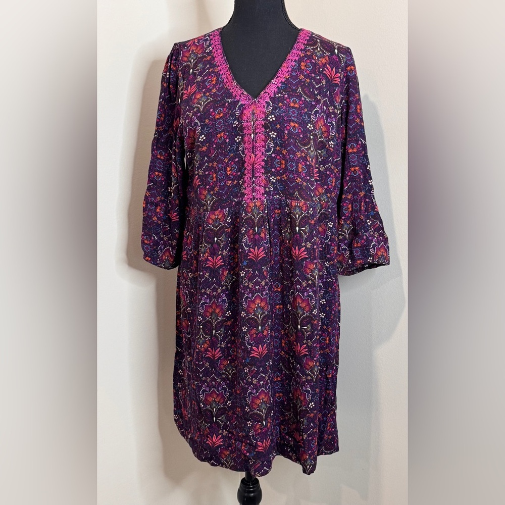 J Jill Bohemian Paisley Midi‎ Dress Purple Pink Peasant Fall Cottagecore Medium